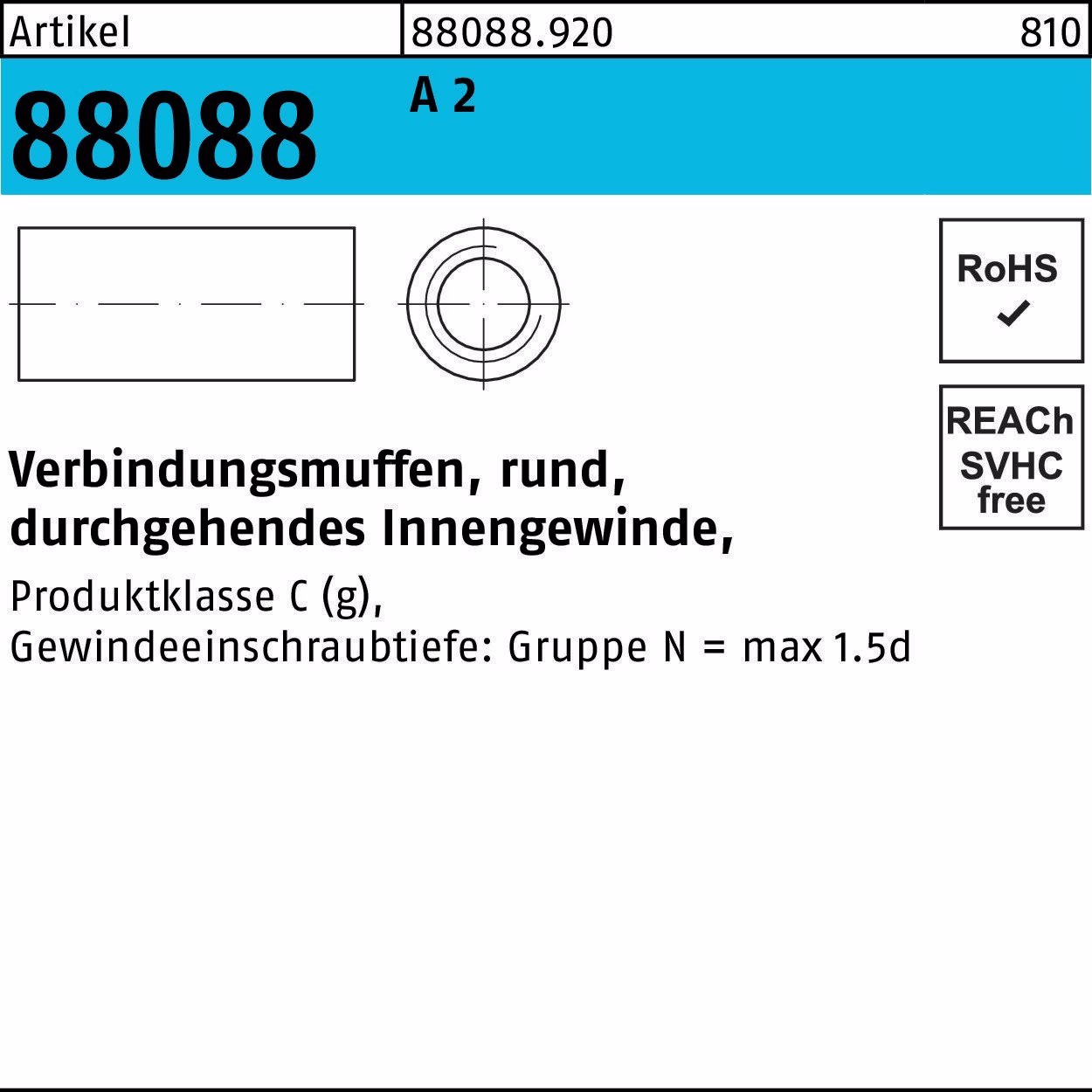 Verbindungsmuffe R 88088 rund IG M6x 25x 10 A 2 durchg. Innengew. 50 Stück