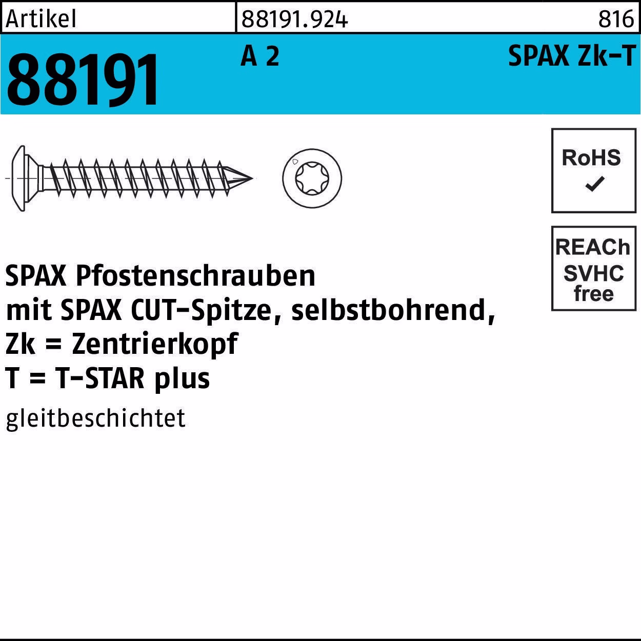 Pfostenschraube R 88191 Selbstbohrend 8x 50/45-T40 A 2 50 Stück