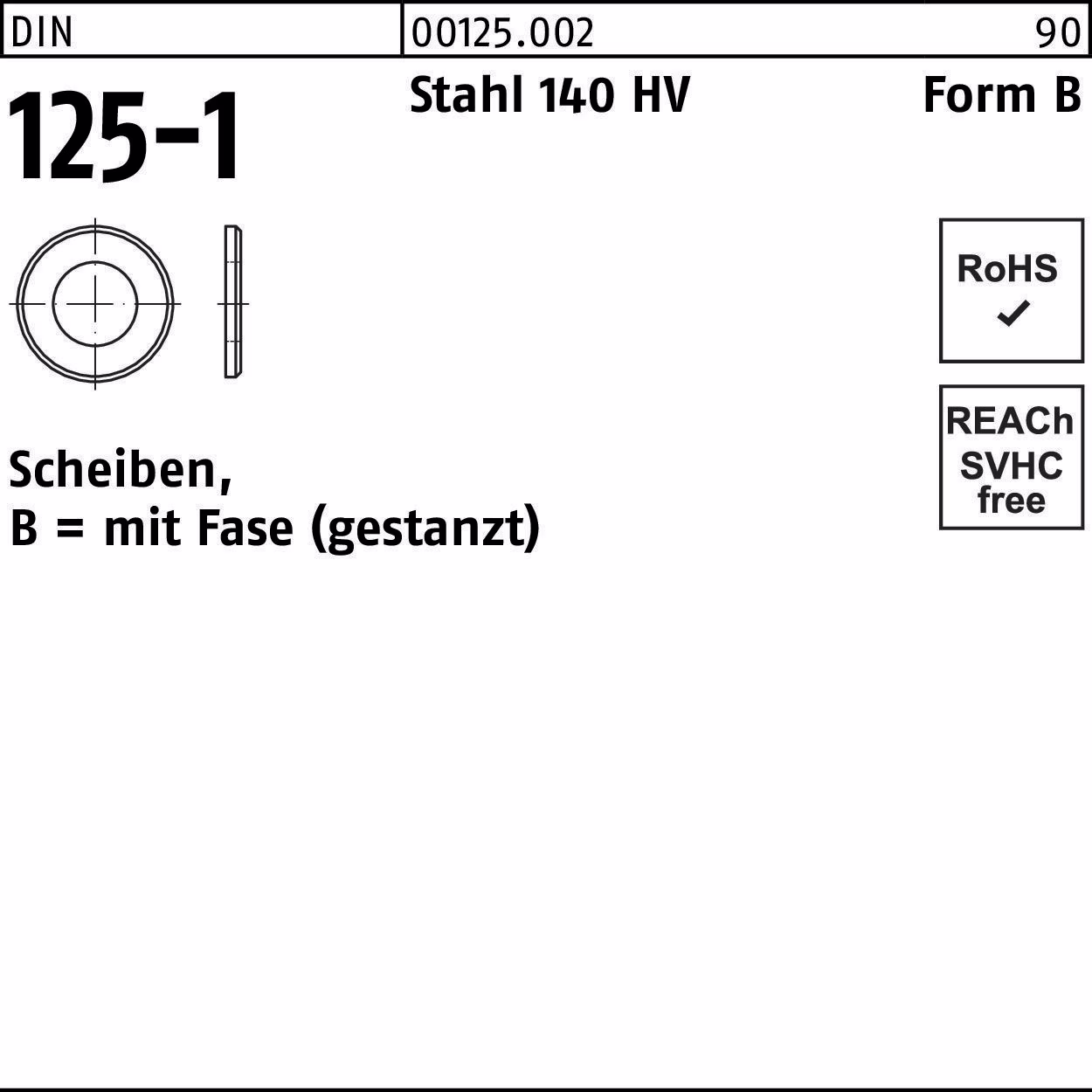 Unterlegscheibe DIN 125-1 B 40x 72x6 Stahl 140 HV 25 Stück