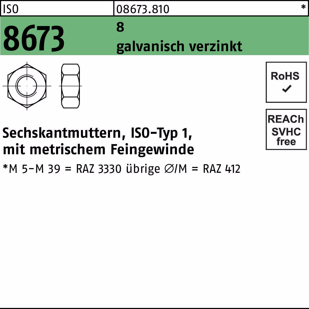 Sechskantmutter ISO 8673 M18x 1,5 8 galv.verz. 100 Stück