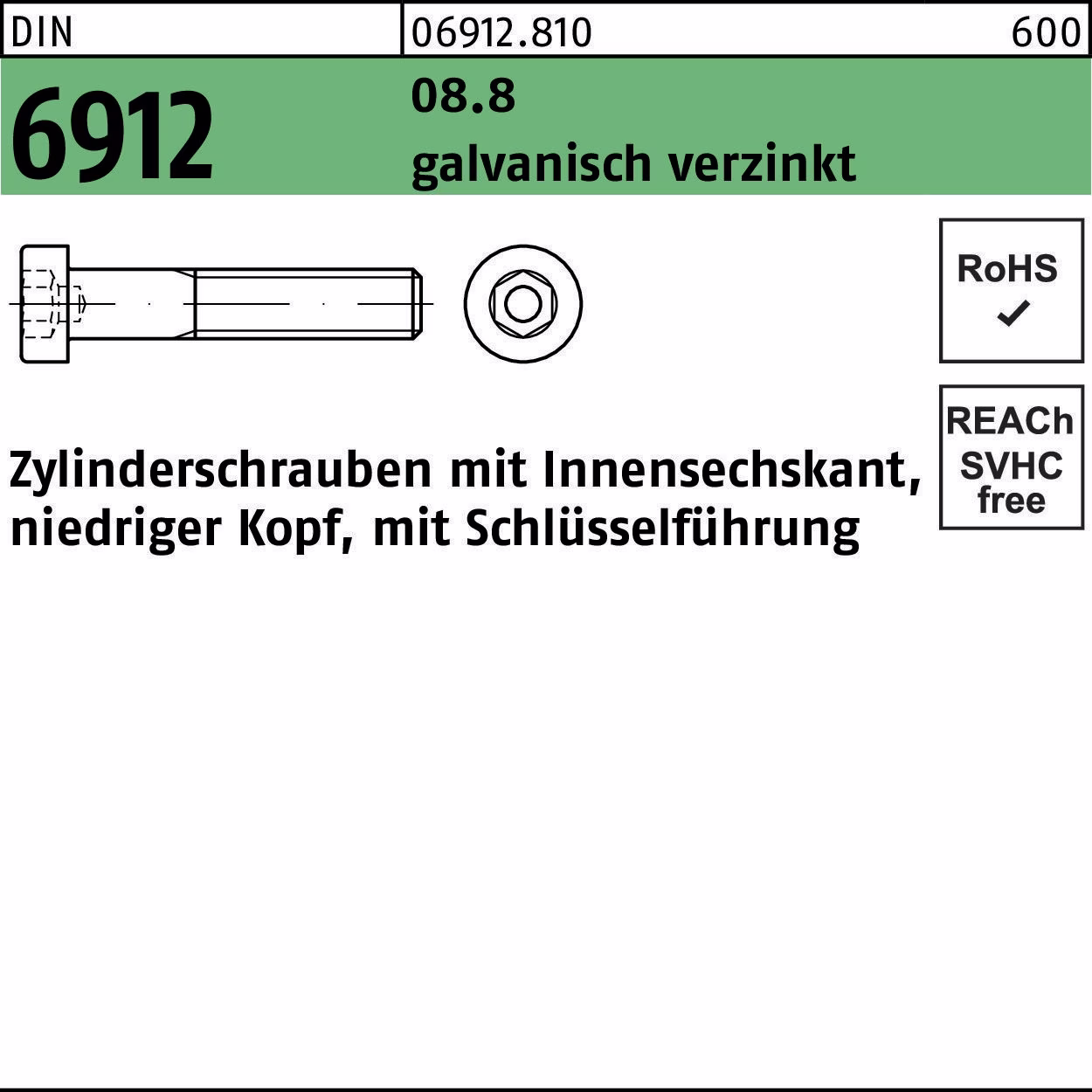 Zylinderschraube DIN 6912 Innen-6kt M12x70 8.8 galv.verz. 100St.