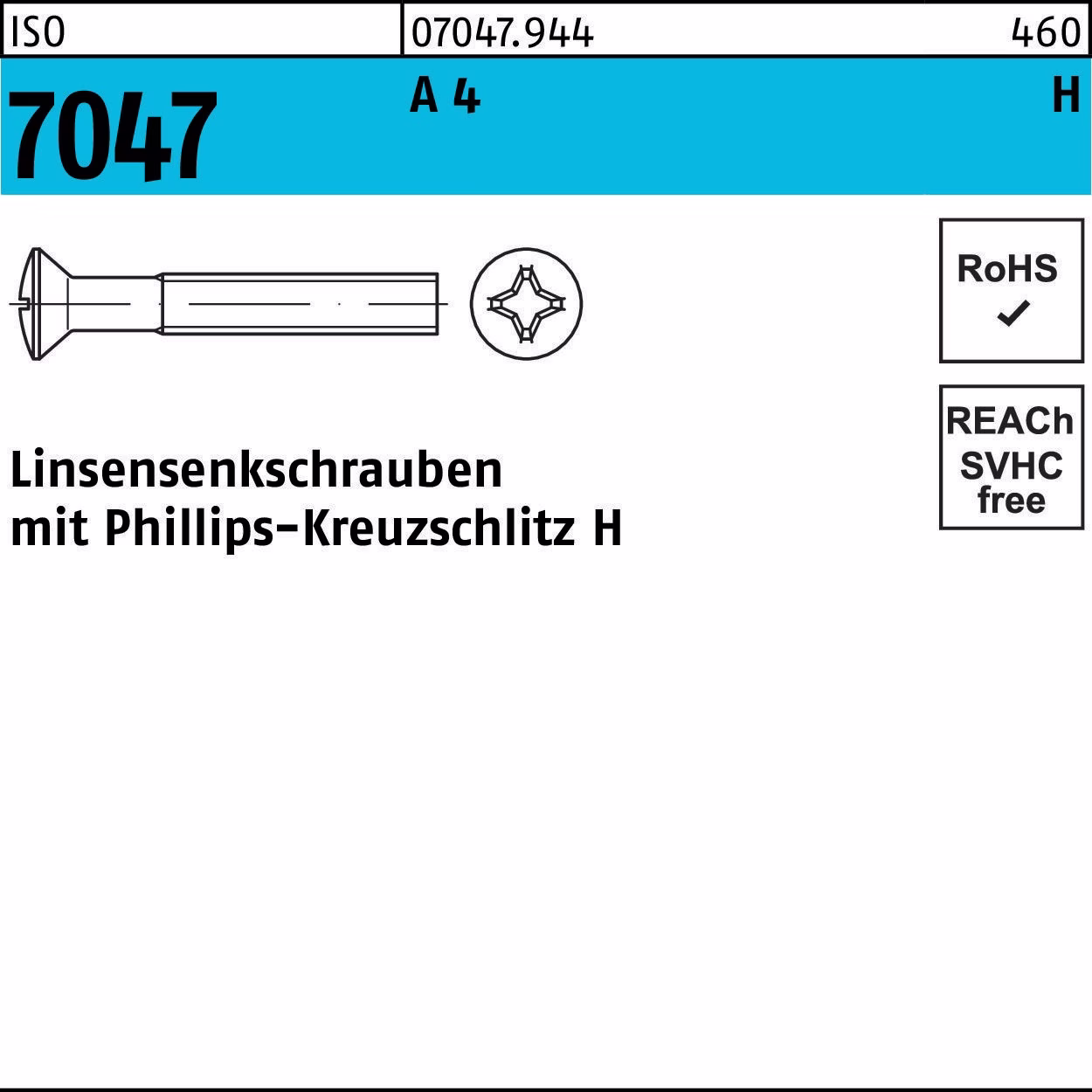 Linsensenkschraube ISO 7047 PH M6x 12-H A 4 200 Stück