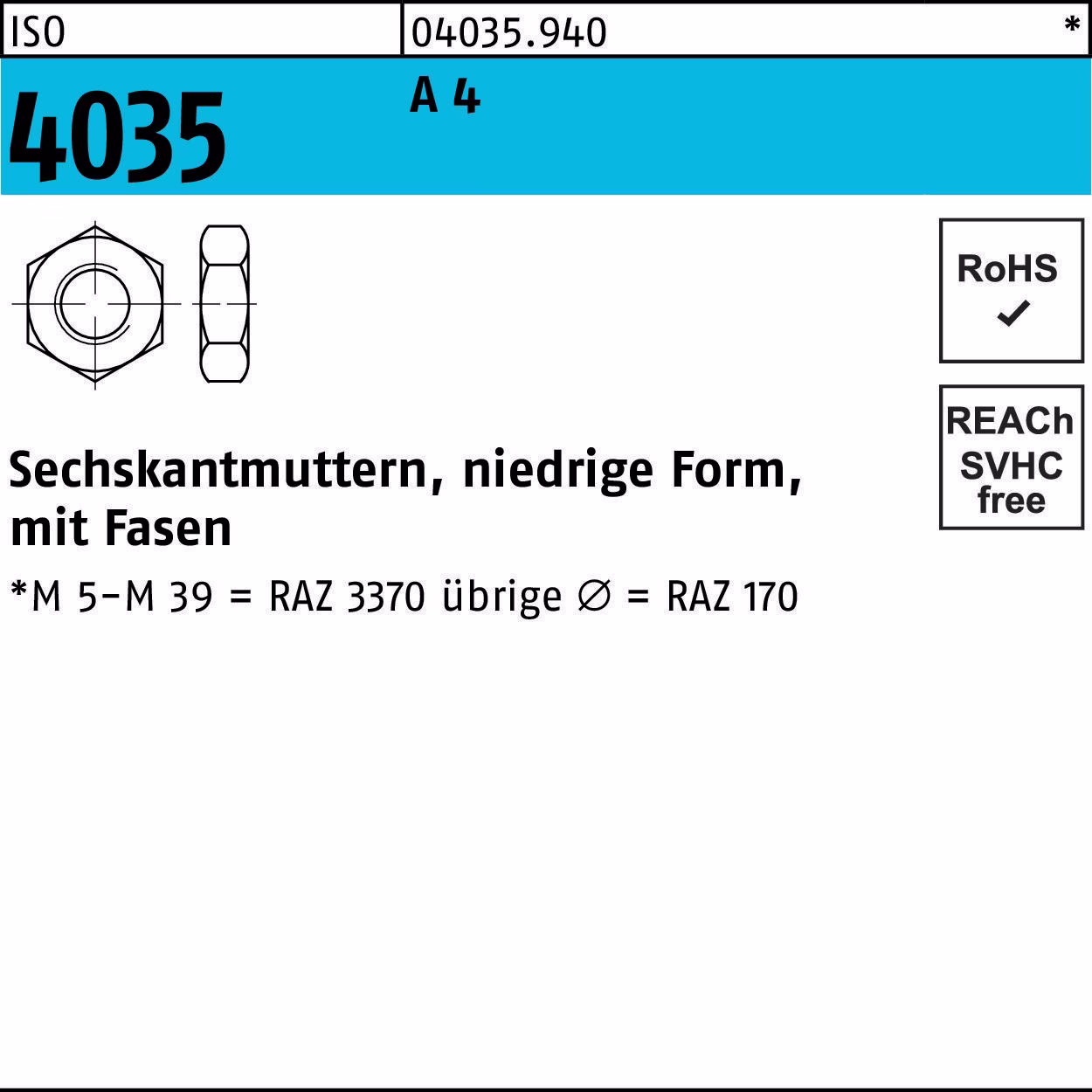 Sechskantmutter ISO 4035 niedrig Fasen M10 A 4 100 Stück