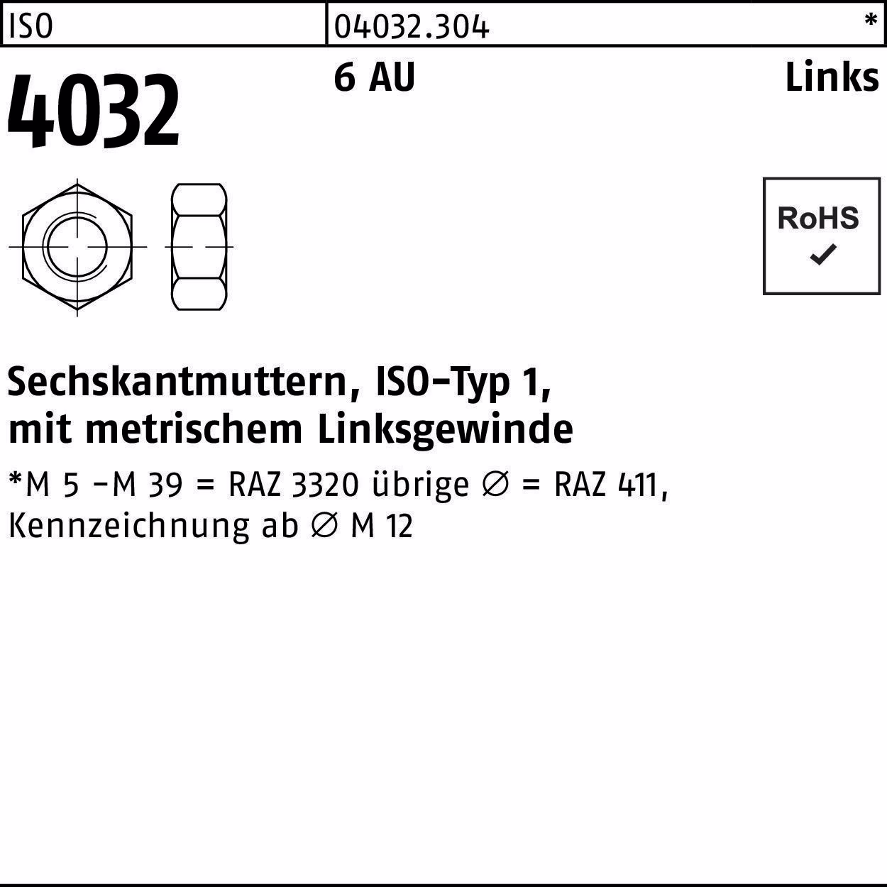 Sechskantmutter ISO 4032 links M14 6 Automatenstahl 50 Stück