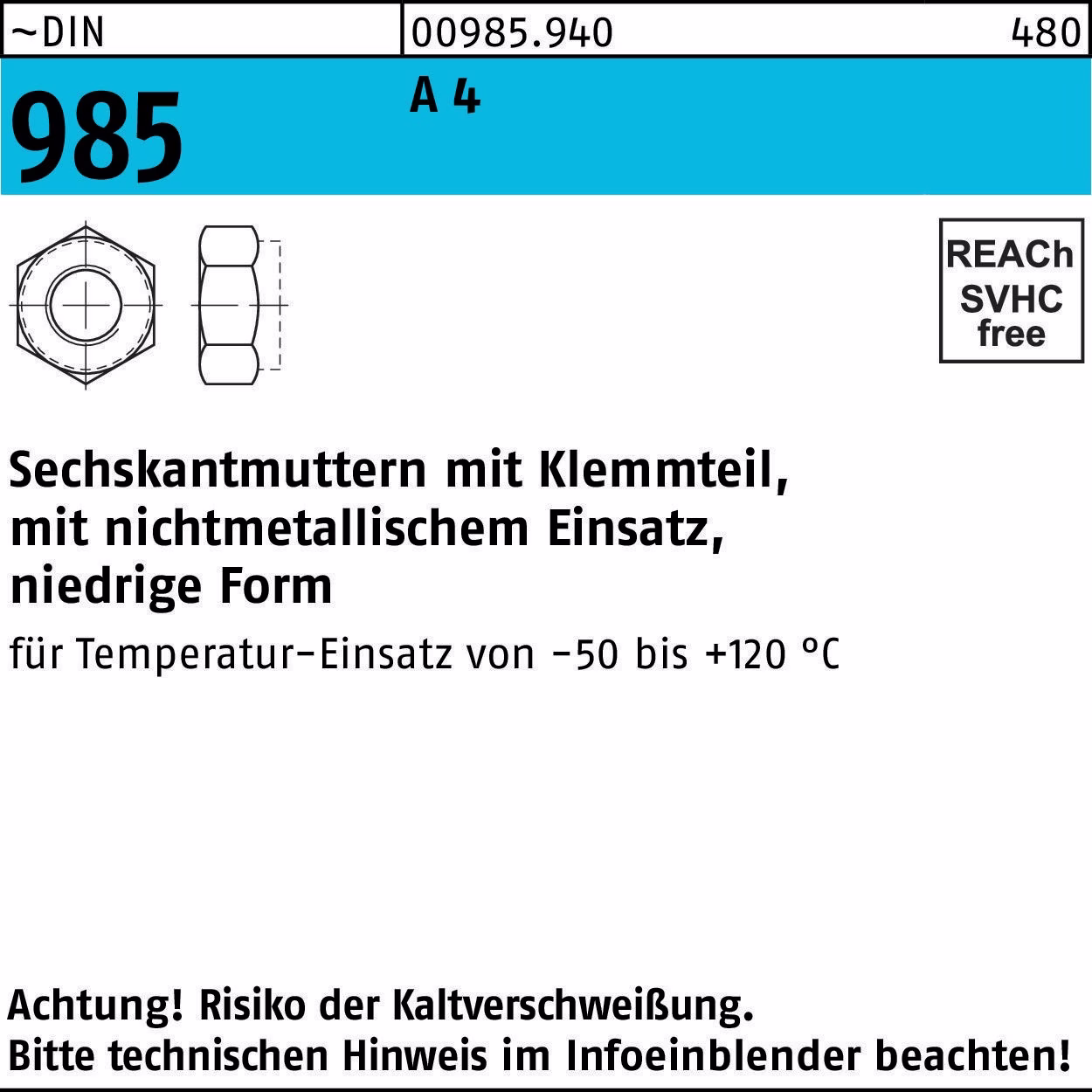 Sechskantmutter DIN 985 Klemmteil M10 A 4 50 Stück